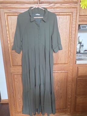 Olive Green Tiered Collared Maxi Dress. XL flowy Soft Style. Casual. Beach Vacay